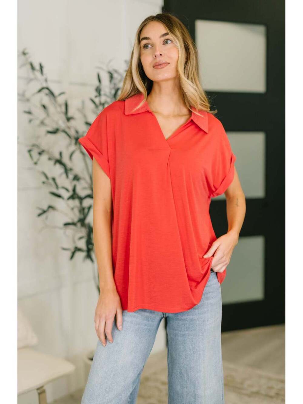 Sea You Soon Collared Top in Hot Coral